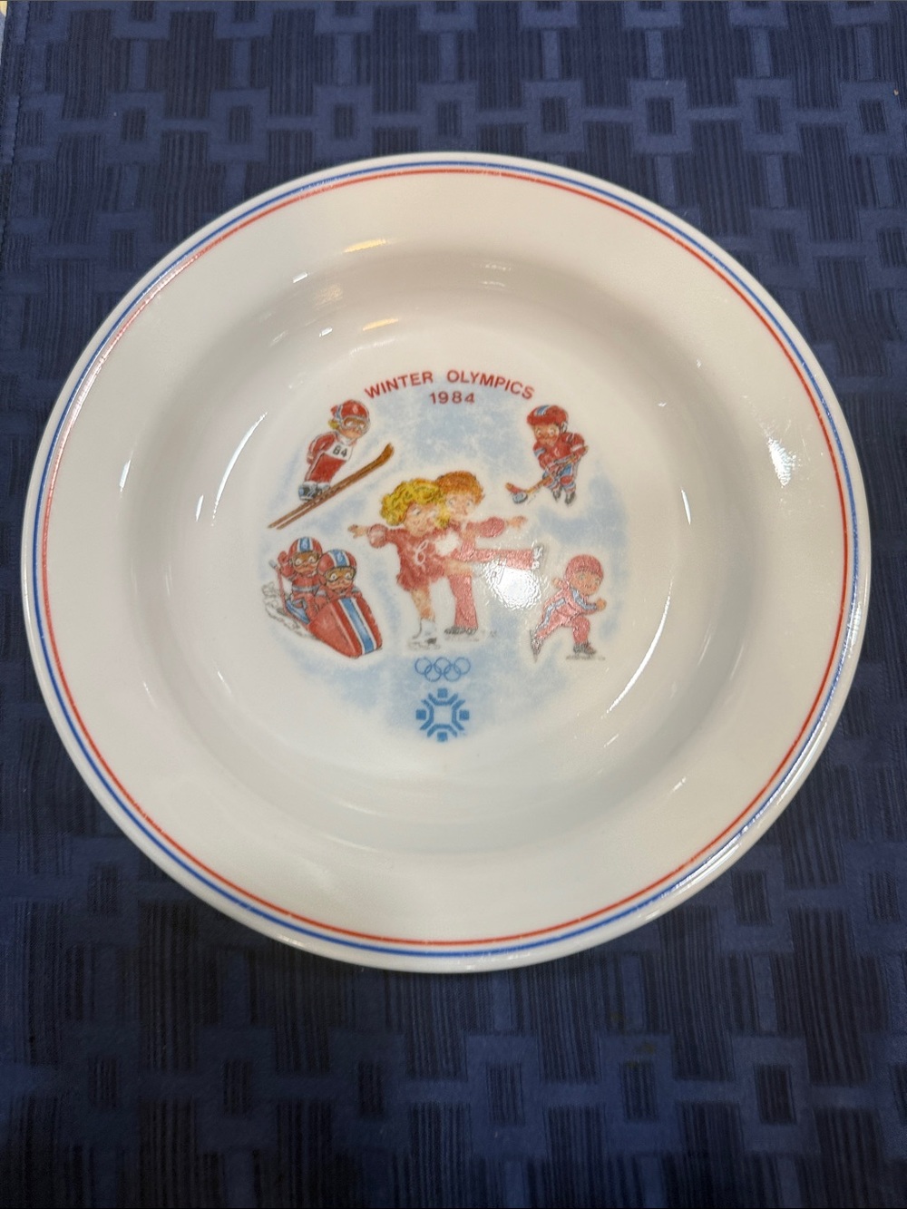 Corelle 8.5"  White Bowl with Red and Blue Winter Olympics 1984 Motif